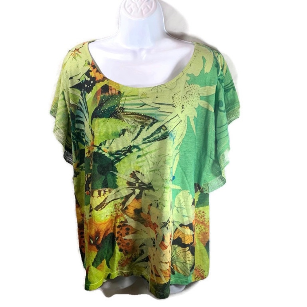 Live And Let Live Womens Size 1X Green Floral Butterfly Blouse Sequins Lace - Picture 1 of 8